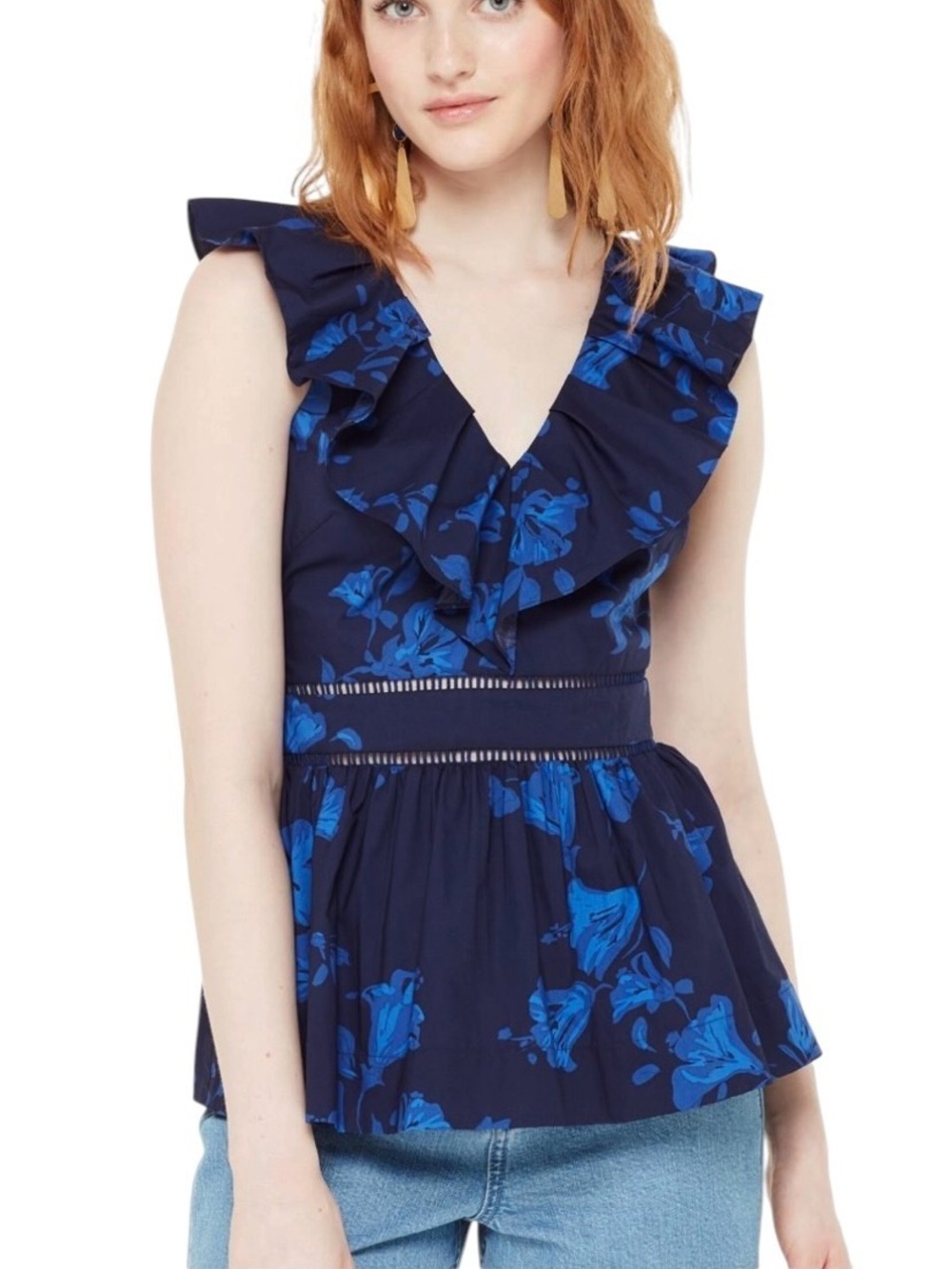 Kate spade Cotton Hibiscus Ruffle Neck Top Blue Size 0